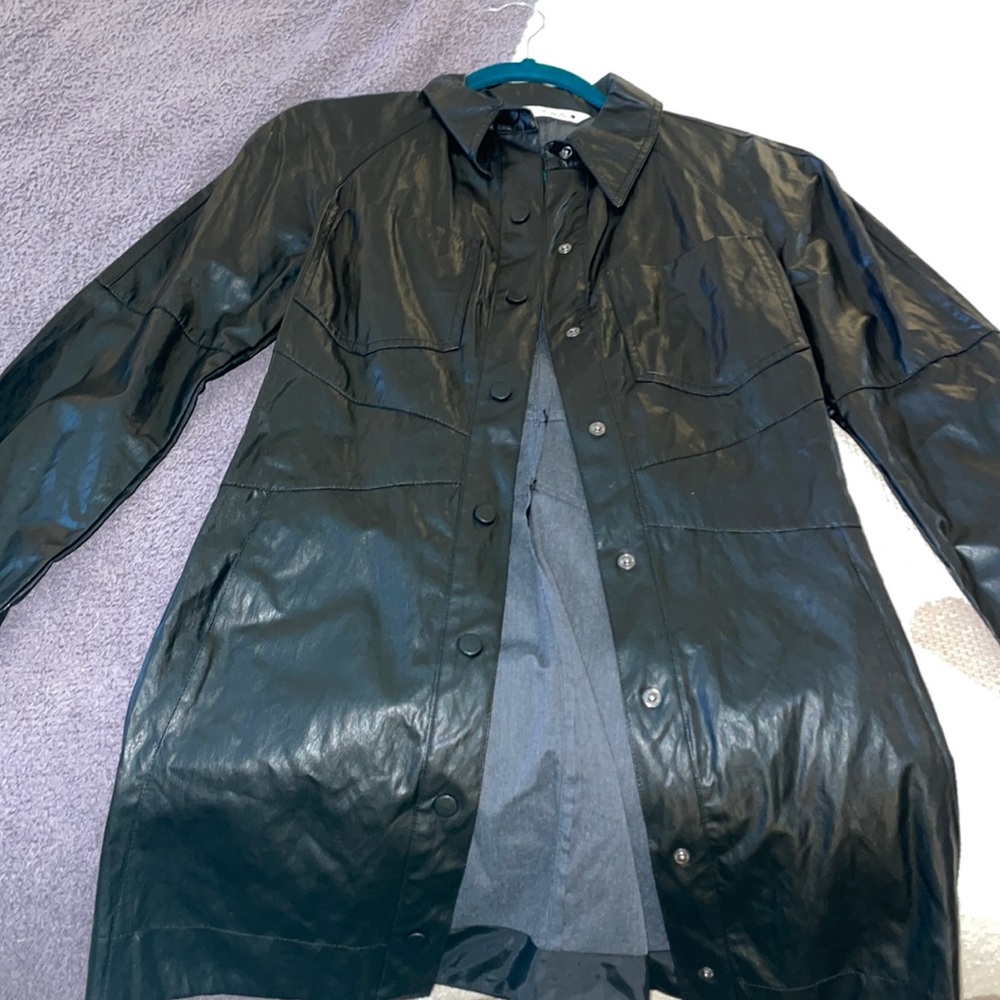 Black long leather button up jacket